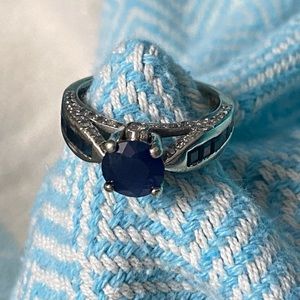 Blue & white sapphire 14k white gold engagement ring